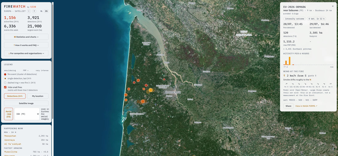 FireWatch met luchtfoto en detailpaneel van een brand bij Salaunes